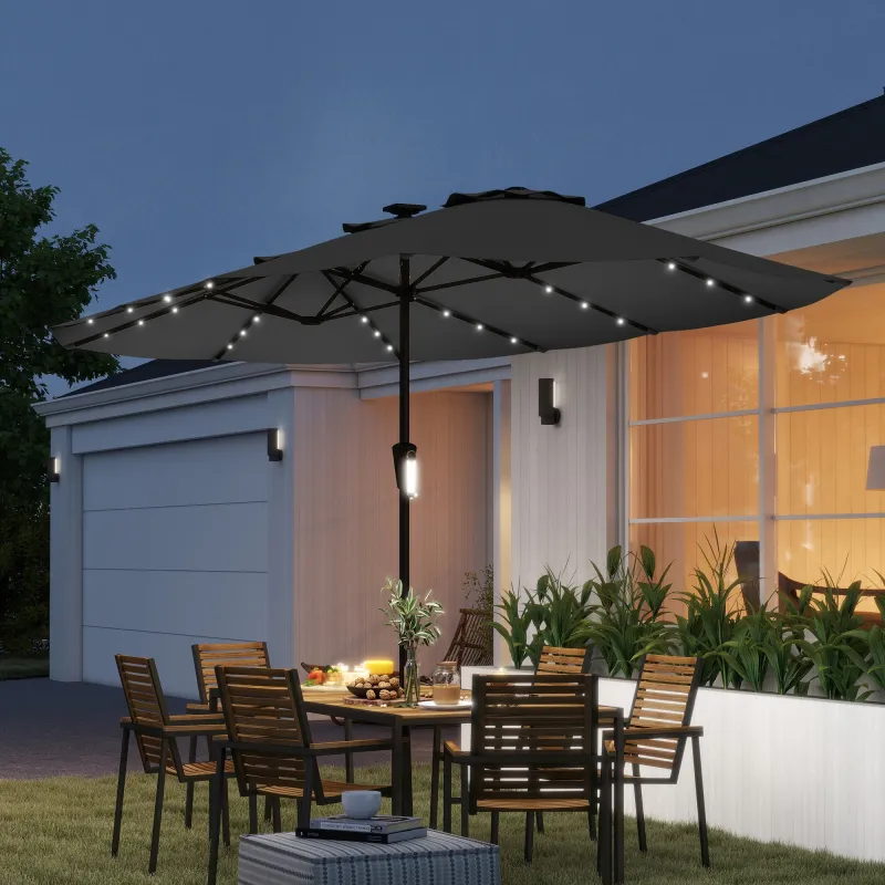 Sombrilla Doble de Jardín 4x2 m con 36 Luces LED UPF50+ Manivela 12 Varillas Resistente al Agua Gris Oscuro - Ogal.Es