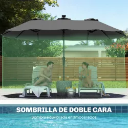 Sombrilla Doble de Jardín 4x2 m con 36 Luces LED UPF50+ Manivela 12 Varillas Resistente al Agua Gris Oscuro - Ogal.Es