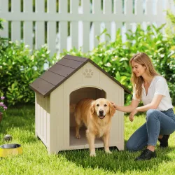 Caseta para Perros Exterior Casa para Perros Grandes de Plástico con 2 Ventanas Base Elevada Estacas Beige - Ogal.Es