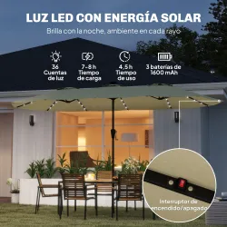 Sombrilla Doble de Jardín 4x2 m con 36 Luces LED UPF50+ Manivela 12 Varillas Resistente al Agua Beige - Ogal.Es