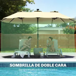 Sombrilla Doble de Jardín 4x2 m con 36 Luces LED UPF50+ Manivela 12 Varillas Resistente al Agua Beige - Ogal.Es