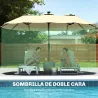 Sombrilla Doble de Jardín 4x2 m con 36 Luces LED UPF50+ Manivela 12 Varillas Resistente al Agua Beige - Ogal.Es