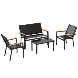 Conjunto Jardín Exterior de 4 Piezas con Sofá de 2 Plazas 2 Sillones Mesa de Cristal Templado Tela Textilene Negro - Ogal.Es