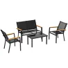 Conjunto Jardín Exterior de 4 Piezas con Sofá de 2 Plazas 2 Sillones Mesa de Cristal Templado Tela Textilene Negro - Ogal.Es