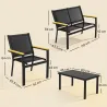 Conjunto Jardín Exterior de 4 Piezas con Sofá de 2 Plazas 2 Sillones Mesa de Cristal Templado Tela Textilene Negro - Ogal.Es