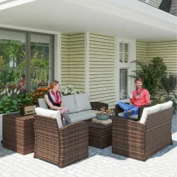 Conjunto de Jardín Exterior de Ratán 6 Piezas Cojines Sofá Doble Sofá 3 Plazas 2 Sillones 2 Mesas Auxiliares Beige - Ogal.Es