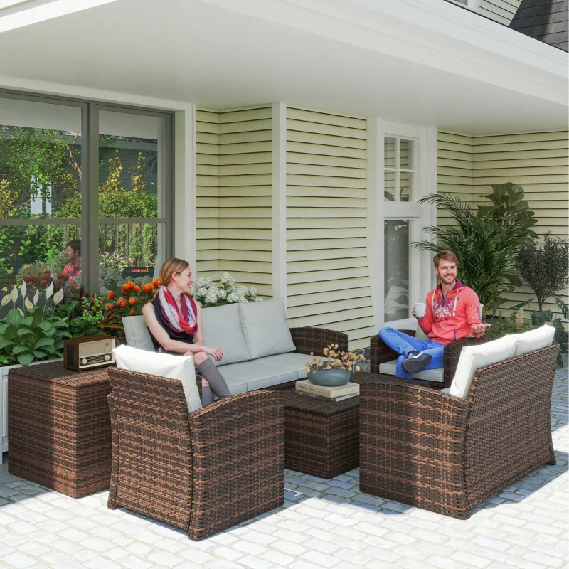 Conjunto de Jardín Exterior de Ratán 6 Piezas Cojines Sofá Doble Sofá 3 Plazas 2 Sillones 2 Mesas Auxiliares Beige - Ogal.Es