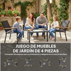 Conjunto Jardín Exterior de 4 Piezas con Sofá de 2 Plazas 2 Sillones Mesa de Cristal Templado Tela Textilene Negro - Ogal.Es