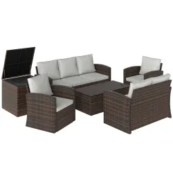 Conjunto de Jardín Exterior de Ratán 6 Piezas Cojines Sofá Doble Sofá 3 Plazas 2 Sillones 2 Mesas Auxiliares Beige - Ogal.Es