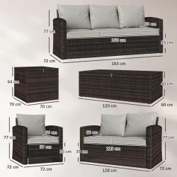 Conjunto de Jardín Exterior de Ratán 6 Piezas Cojines Sofá Doble Sofá 3 Plazas 2 Sillones 2 Mesas Auxiliares Beige - Ogal.Es