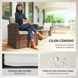 Conjunto de Jardín Exterior de Ratán 6 Piezas Cojines Sofá Doble Sofá 3 Plazas 2 Sillones 2 Mesas Auxiliares Beige - Ogal.Es