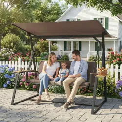 Columpio de Jardín Exterior de 3 Plazas con Techo Ajustable 2 Bandejas Cojines y Marco de Metal Carga 360 kg Marrón - Ogal.Es