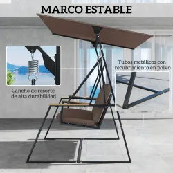Columpio de Jardín Exterior de 3 Plazas con Techo Ajustable 2 Bandejas Cojines y Marco de Metal Carga 360 kg Marrón - Ogal.Es