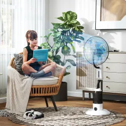 Ventilador Nebulizador Oscilante 90 W Tanque 2,8L 3 Velocidades 5 Aspas y Ruedas Ø44,5x120 cm Blanco - Ogal.Es