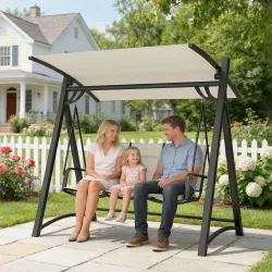 Columpio de Jardín de 3 Plazas con Techo Ajustable UPF50+ Asiento Transpirable Carga 360 kg 188x130x183 cm Crema - Ogal.Es