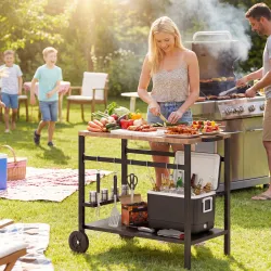 Carrito de Barbacoa de 2 Niveles Mesa Auxiliar para Barbacoa Móvil con Ruedas Portabebidas Ganchos Asa Negro y M... - Ogal.Es
