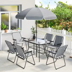 Conjunto de Mesa y Sillas Jardín de 8 Piezas con Sombrilla 6 Sillas Plegables Mesa de Vidrio Templado Gris - Ogal.Es