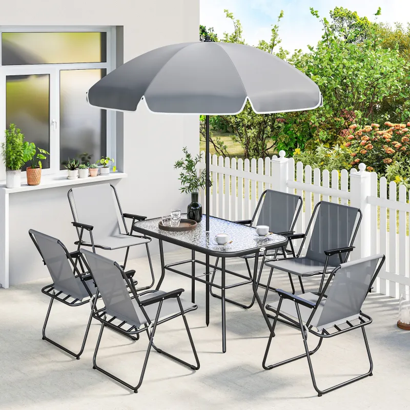 Conjunto de Mesa y Sillas Jardín de 8 Piezas con Sombrilla 6 Sillas Plegables Mesa de Vidrio Templado Gris - Ogal.Es
