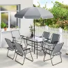 Conjunto de Mesa y Sillas Jardín de 8 Piezas con Sombrilla 6 Sillas Plegables Mesa de Vidrio Templado Gris - Ogal.Es