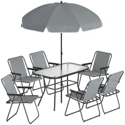 Conjunto de Mesa y Sillas Jardín de 8 Piezas con Sombrilla 6 Sillas Plegables Mesa de Vidrio Templado Gris - Ogal.Es