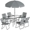 Conjunto de Mesa y Sillas Jardín de 8 Piezas con Sombrilla 6 Sillas Plegables Mesa de Vidrio Templado Gris - Ogal.Es