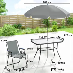 Conjunto de Mesa y Sillas Jardín de 8 Piezas con Sombrilla 6 Sillas Plegables Mesa de Vidrio Templado Gris - Ogal.Es