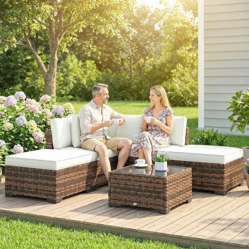 Conjunto de Jardín Exterior de Ratán de 6 Piezas con Silla Esquinero 2 Sillas sin Brazos Reposapiés y Mesa Marrón - Ogal.Es