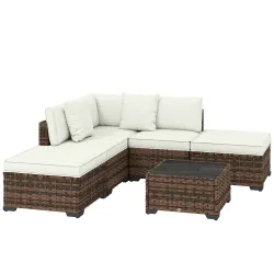 Conjunto de Jardín Exterior de Ratán de 6 Piezas con Silla Esquinero 2 Sillas sin Brazos Reposapiés y Mesa Marrón - Ogal.Es