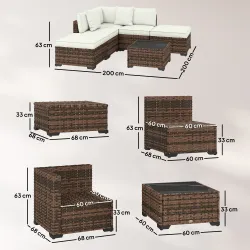 Conjunto de Jardín Exterior de Ratán de 6 Piezas con Silla Esquinero 2 Sillas sin Brazos Reposapiés y Mesa Marrón - Ogal.Es