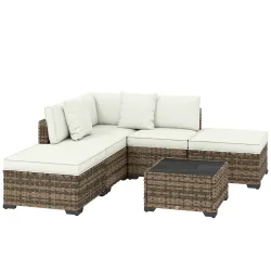 Conjunto de Jardín Exterior de Ratán de 6 Piezas con Silla Esquinero 2 Sillas sin Brazos Reposapiés y Mesa Amarillo - Ogal.Es