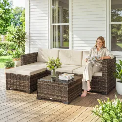 Conjunto de Jardín Exterior de Ratán 5 Piezas con Cojines 2 Sillones de Esquina Sillón sin Brazos Reposapiés y Mesa - Ogal.Es