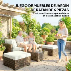 Conjunto de Jardín Exterior de Ratán de 6 Piezas con Silla Esquinero 2 Sillas sin Brazos Reposapiés y Mesa Amarillo - Ogal.Es