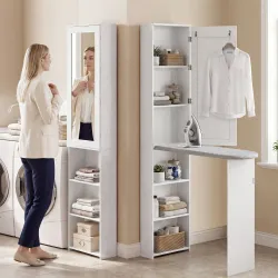 Mueble de Plancha con Espejo Tabla de Planchar Plegable 6 Compartimentos 2 Ganchos 107x35x174 cm Blanco - Ogal.Es