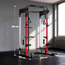 Jaula de Potencia Rack para Sentadillas con Sistema Polea Ajustable Barra Dominadas y Estación de Fondos - Ogal.Es