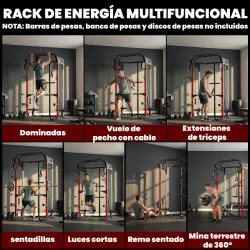 Jaula de Potencia Rack para Sentadillas con Sistema Polea Ajustable Barra Dominadas y Estación de Fondos - Ogal.Es