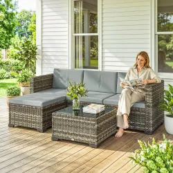 Conjunto de Jardín Exterior de Ratán 5 Piezas con Cojines 2 Sillones de Esquina Sillón sin Brazos Reposapiés y Mesa - Ogal.Es