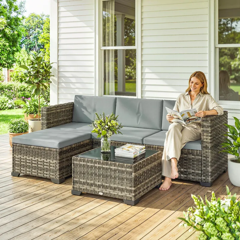 Conjunto de Jardín Exterior de Ratán 5 Piezas con Cojines 2 Sillones de Esquina Sillón sin Brazos Reposapiés y Mesa - Ogal.Es