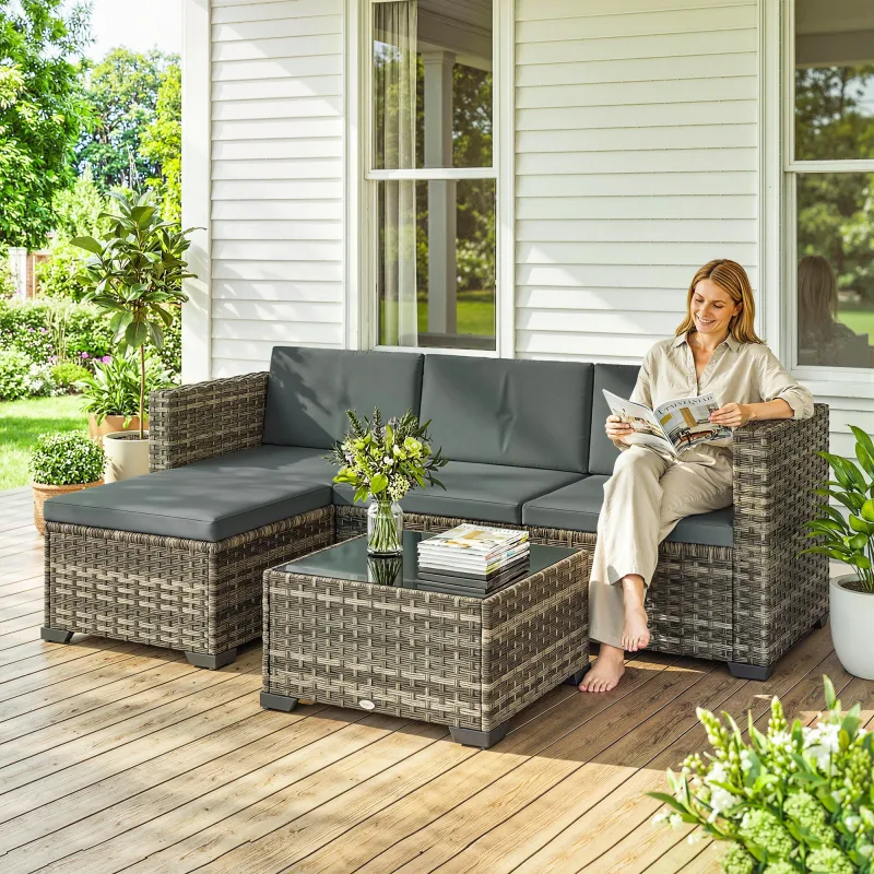 Conjunto de Jardín Exterior de Ratán 5 Piezas con Cojines 2 Sillones de Esquina Sillón sin Brazos Reposapiés y Mesa - Ogal.Es