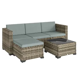 Conjunto de Jardín Exterior de Ratán 5 Piezas con Cojines 2 Sillones de Esquina Sillón sin Brazos Reposapiés y Mesa - Ogal.Es