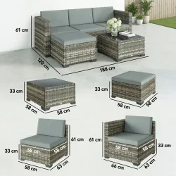 Conjunto de Jardín Exterior de Ratán 5 Piezas con Cojines 2 Sillones de Esquina Sillón sin Brazos Reposapiés y Mesa - Ogal.Es