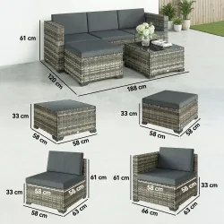 Conjunto de Jardín Exterior de Ratán 5 Piezas con Cojines 2 Sillones de Esquina Sillón sin Brazos Reposapiés y Mesa - Ogal.Es