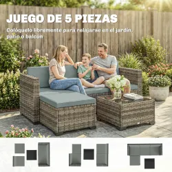 Conjunto de Jardín Exterior de Ratán 5 Piezas con Cojines 2 Sillones de Esquina Sillón sin Brazos Reposapiés y Mesa - Ogal.Es