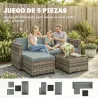 Conjunto de Jardín Exterior de Ratán 5 Piezas con Cojines 2 Sillones de Esquina Sillón sin Brazos Reposapiés y Mesa - Ogal.Es
