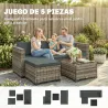 Conjunto de Jardín Exterior de Ratán 5 Piezas con Cojines 2 Sillones de Esquina Sillón sin Brazos Reposapiés y Mesa - Ogal.Es