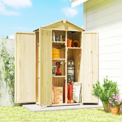 Caseta de Jardín de Madera 93x53x168 cm Armario para Herramientas con 4 Estantes 3 Puertas y Ganchos Madera Natural - Ogal.Es