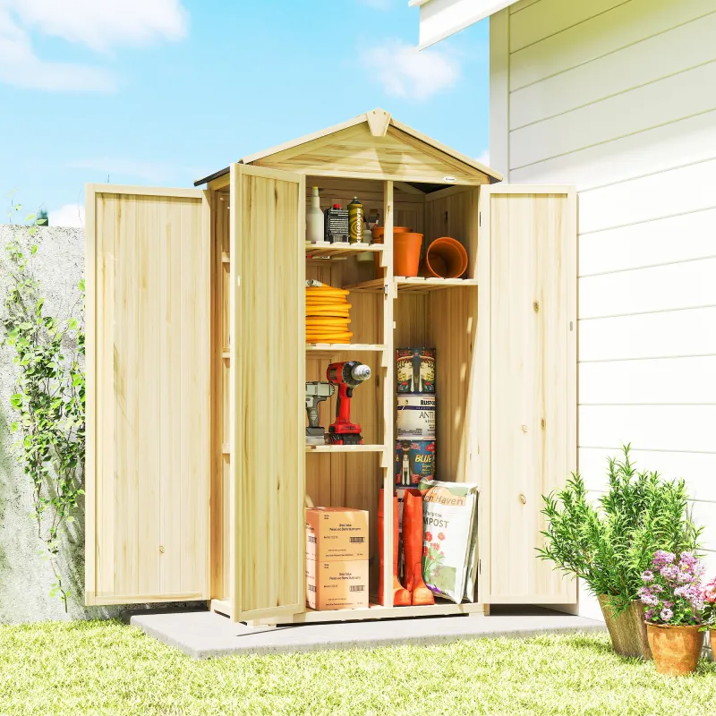 Caseta de Jardín de Madera 93x53x168 cm Armario para Herramientas con 4 Estantes 3 Puertas y Ganchos Madera Natural - Ogal.Es