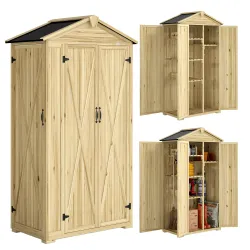Caseta de Jardín de Madera 93x53x168 cm Armario para Herramientas con 4 Estantes 3 Puertas y Ganchos Madera Natural - Ogal.Es
