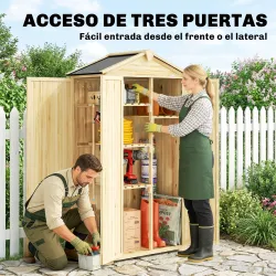 Caseta de Jardín de Madera 93x53x168 cm Armario para Herramientas con 4 Estantes 3 Puertas y Ganchos Madera Natural - Ogal.Es