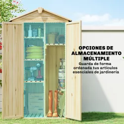 Caseta de Jardín de Madera 93x53x168 cm Armario para Herramientas con 4 Estantes 3 Puertas y Ganchos Madera Natural - Ogal.Es