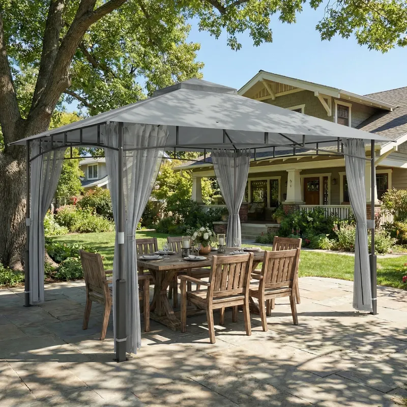 Carpa para Jardín con Techo Doble Cenador con Paredes de Malla UPF50+ para Exterior Terraza 360x300x275 cm Gris - Ogal.Es